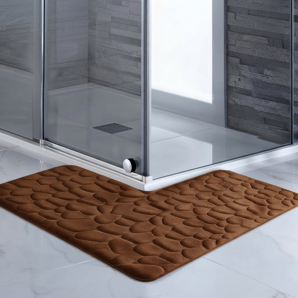 L-shaped non-slip bath mat with pebble embossing, brown; corner fit