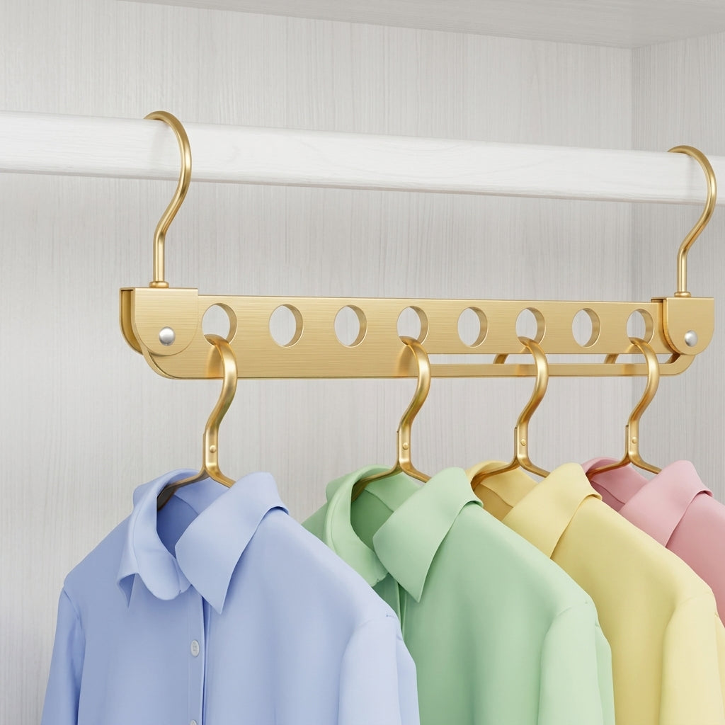 Gold 8-slot foldable clothes hanger with several shirts hanging from the hooks.
