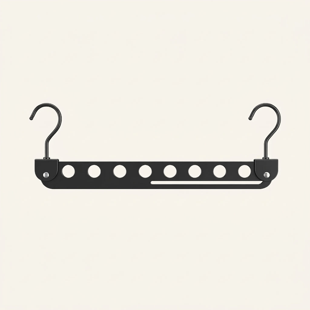Black 8-slot foldable clothes hanger with eight light oval slot accents and two hooks.
