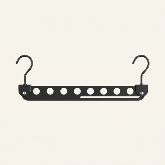Black 8-slot foldable clothes hanger with eight light oval slot accents and two hooks.
