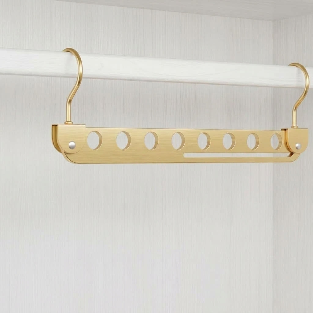 Gold 8-slot foldable clothes hanger with rotating bar and two hanging hooks.