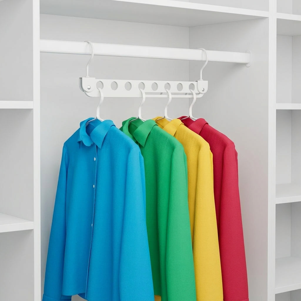White 8-slot foldable clothes hanger holding shirts on eight hooks.
