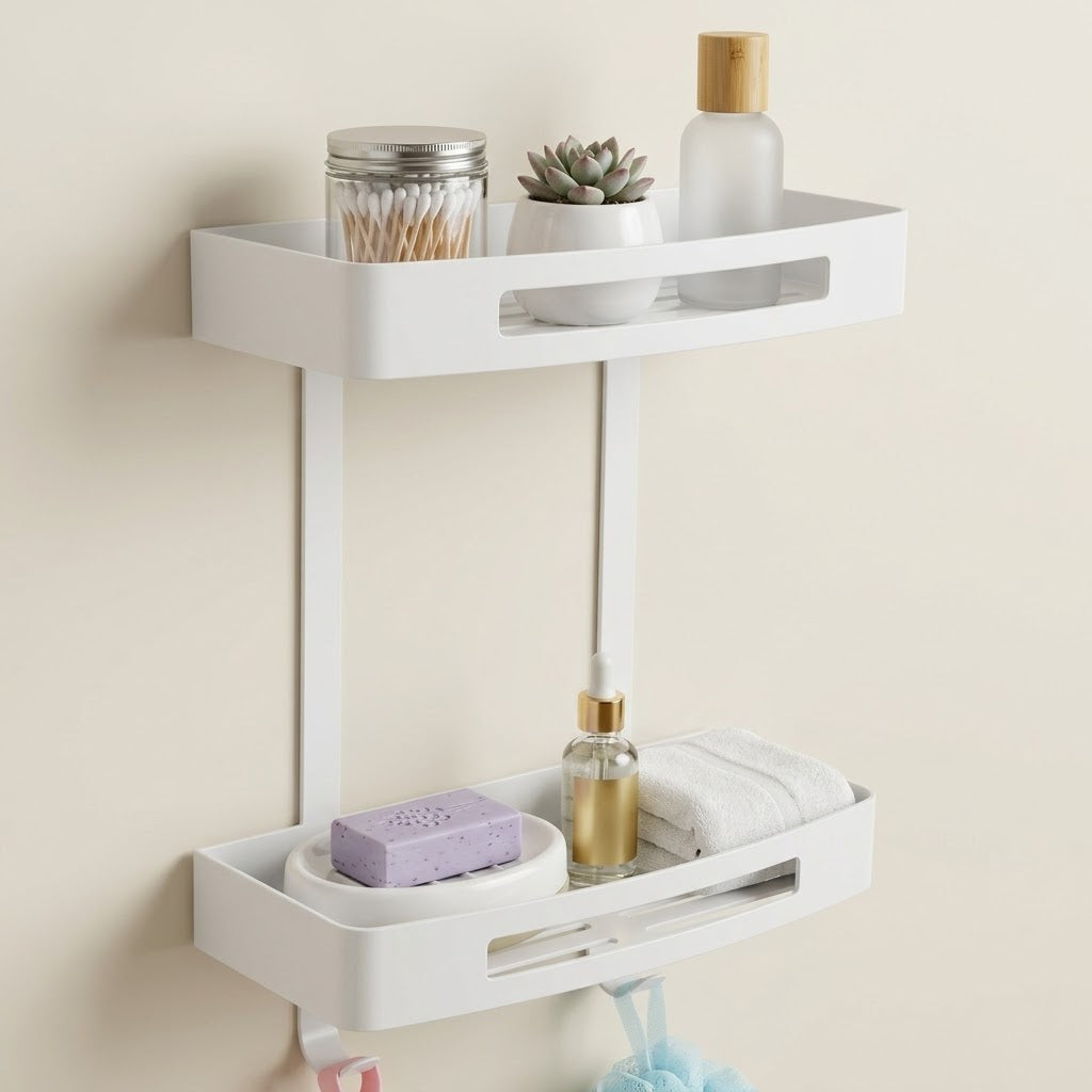 White stainless steel wall shower caddy with two trays holding toiletries, drainage slots.