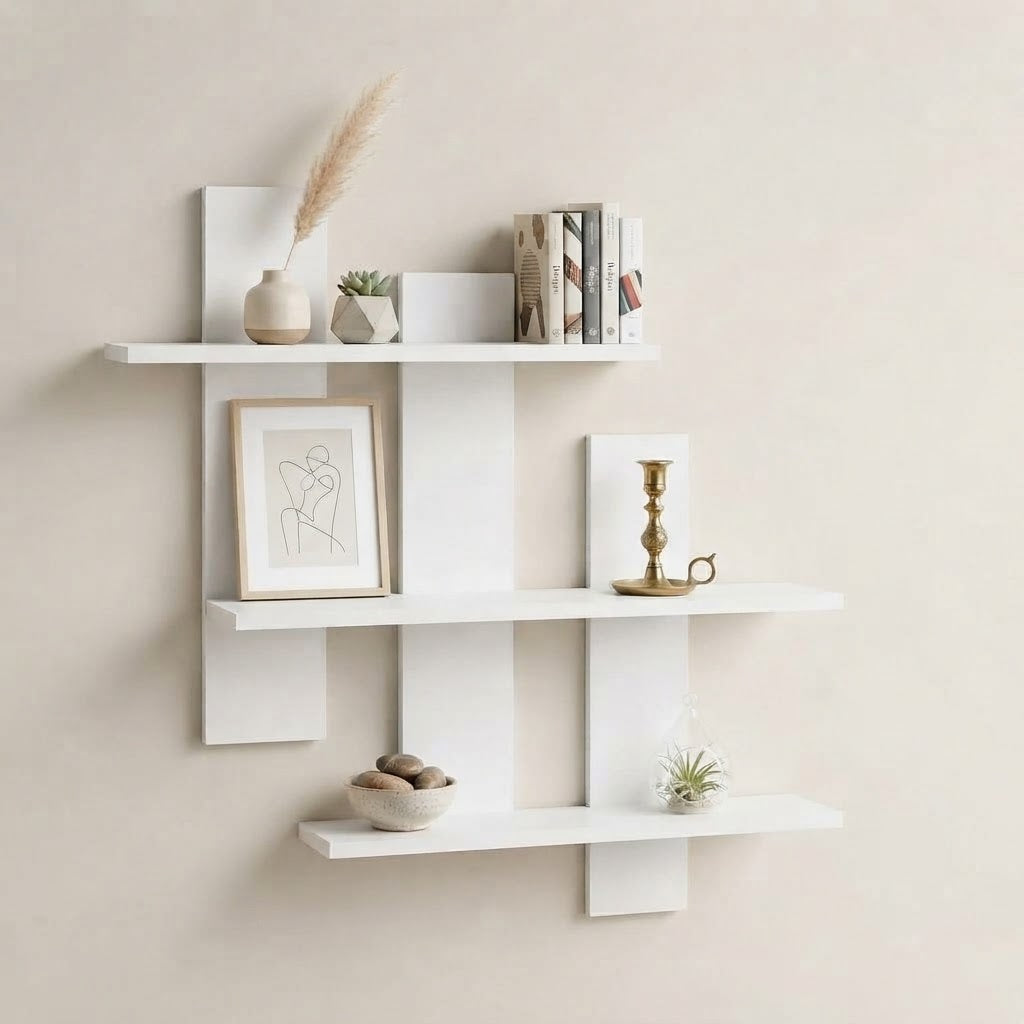 White asymmetrical three-tier floating wall shelf with multiple staggered tiers