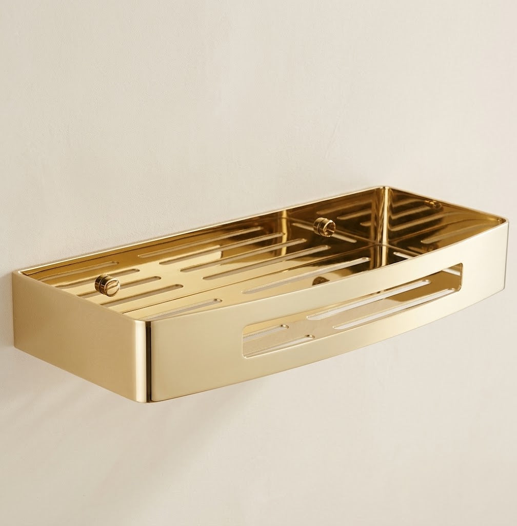 Gold stainless steel wall shower caddy tray with drainage slots, single tier.