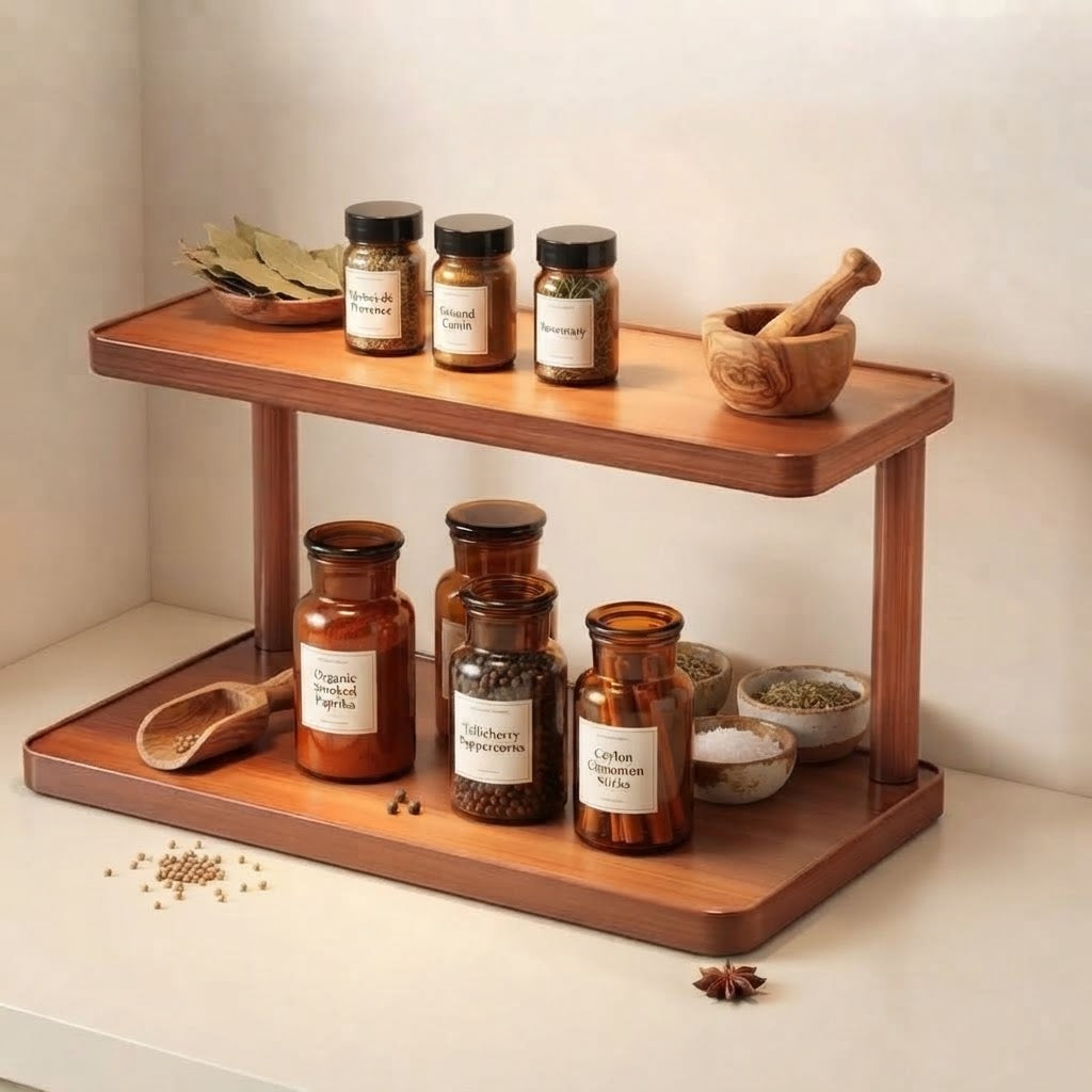 Light brown bamboo two-tier shelf holding spice jars and a wooden mortar.