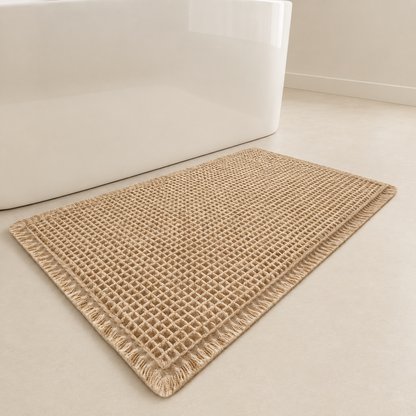 Khaki waffle bath mat with fringed trim and non-slip backing