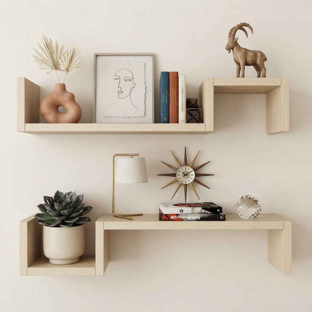 Natural wood geometric wall shelf with multiple open cubbies