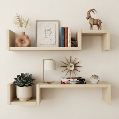 Natural wood geometric wall shelf with multiple open cubbies