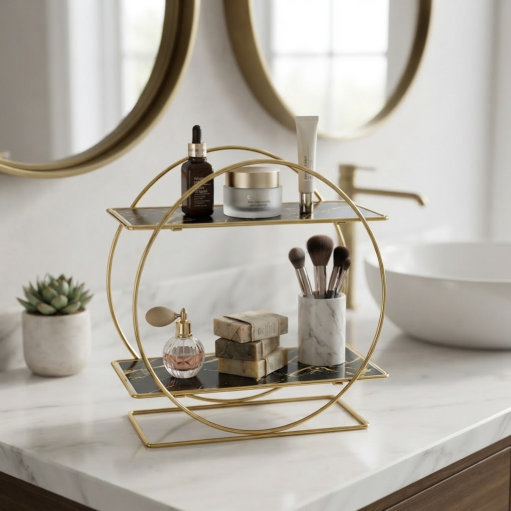 Gold 2-tier bathroom countertop organizer with white marble-effect shelves.