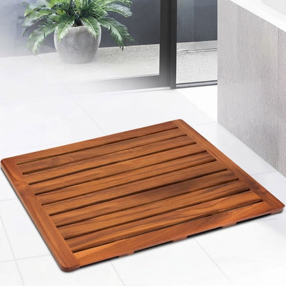 Teak slatted bath mat with non-slip backing and smooth wooden frame