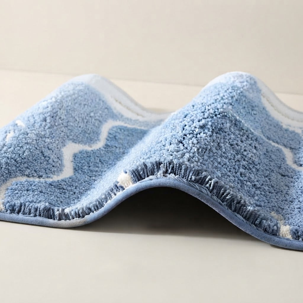 Bath mat edge close-up with coastal wave loops in blue and white, textured fringe