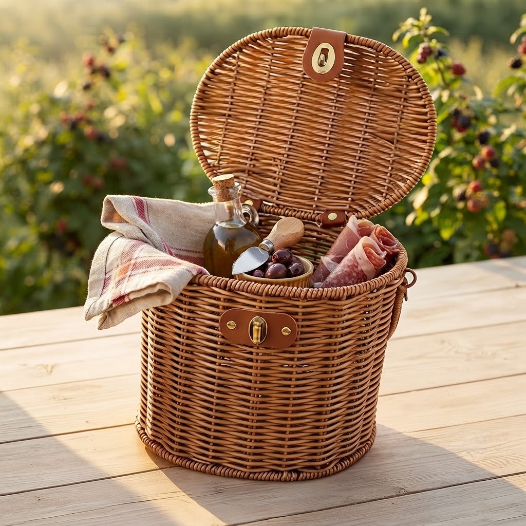 Round faux rattan picnic basket with top latch and open interior for storage