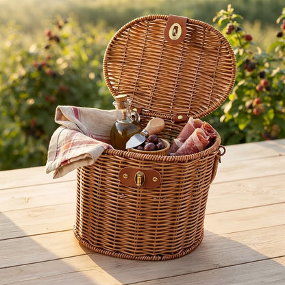 Round faux rattan picnic basket with top latch and open interior for storage