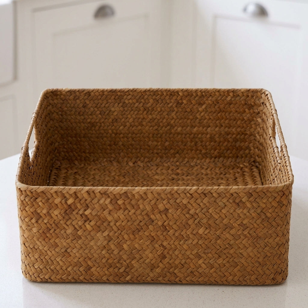 Rectangular woven seagrass basket with open top