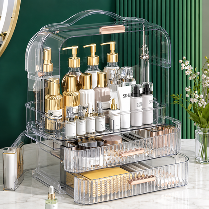 Clear multi-tier makeup organiser with lid, drawers and compartments for cosmetics