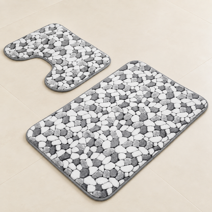 Pebble pebble non-slip bath mat set, white and dark gray stones on gray border
