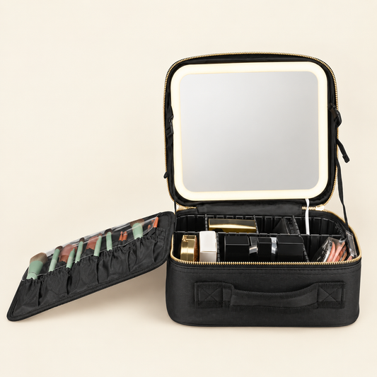 Black waterproof travel makeup bag with hinged LED mirror and divided interior compartments