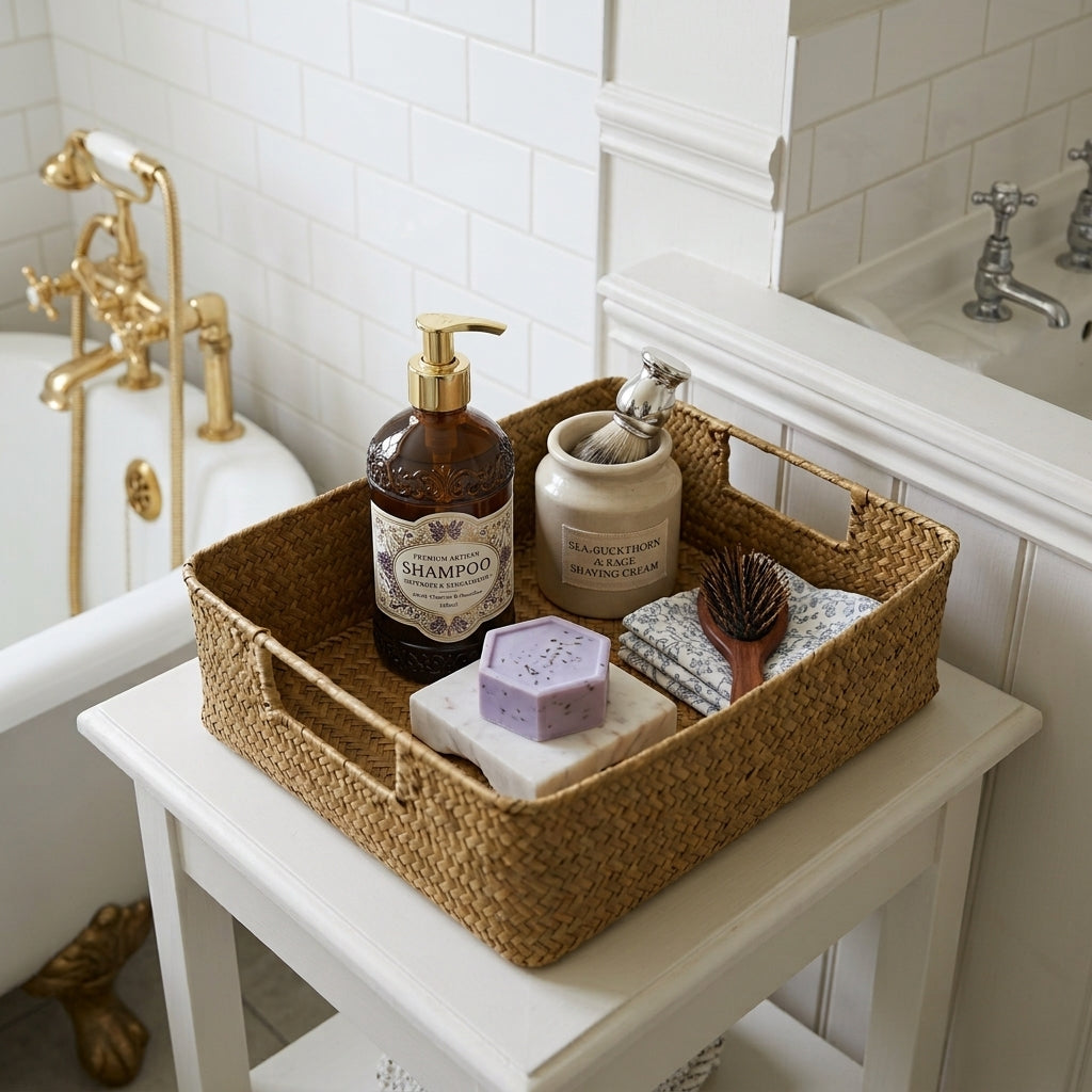 Woven seagrass storage basket with toiletries and soap bars