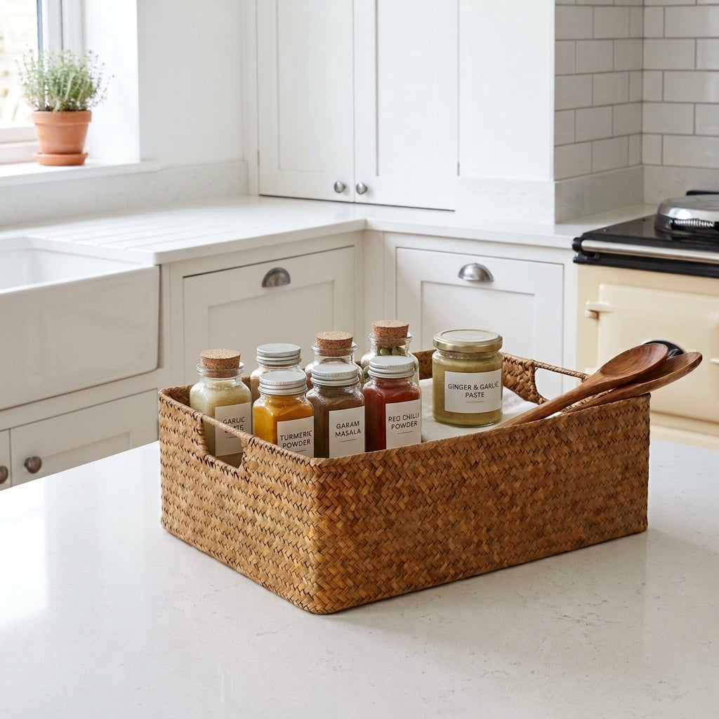 Woven seagrass storage basket with spice jars on kitchen counter