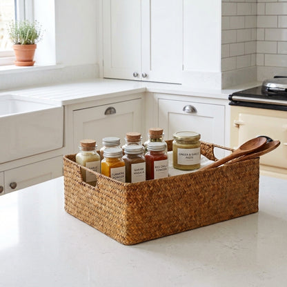 Woven seagrass storage basket with spice jars on kitchen counter