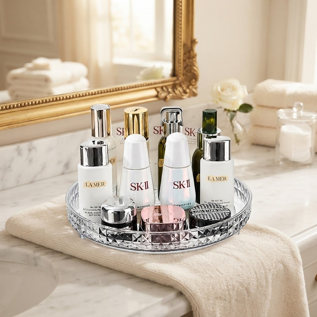 Three-tier rotating makeup organizer with clear stand and mirrored diamond-pattern rim