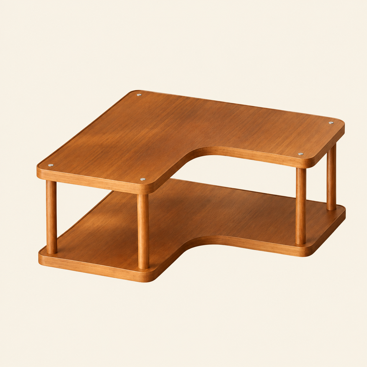 Bamboo two-tier kitchen corner rack with arched shelf openings and leg supports
