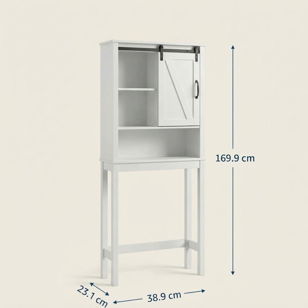 White over-toilet storage cabinet dimensions: 169.9 cm H, 38.9 cm W, 23.7 cm D