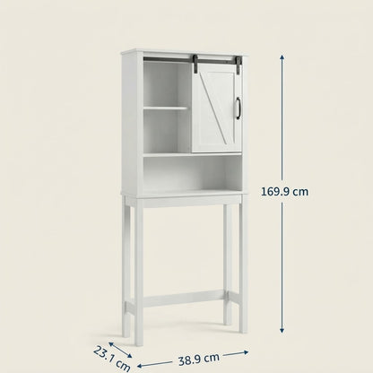 White over-toilet storage cabinet dimensions: 169.9 cm H, 38.9 cm W, 23.7 cm D