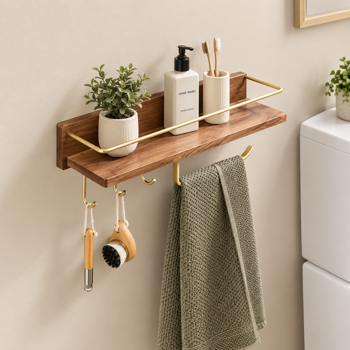 Brown solid wood floating shelf with gold-tone rail, hooks, and towels on brackets