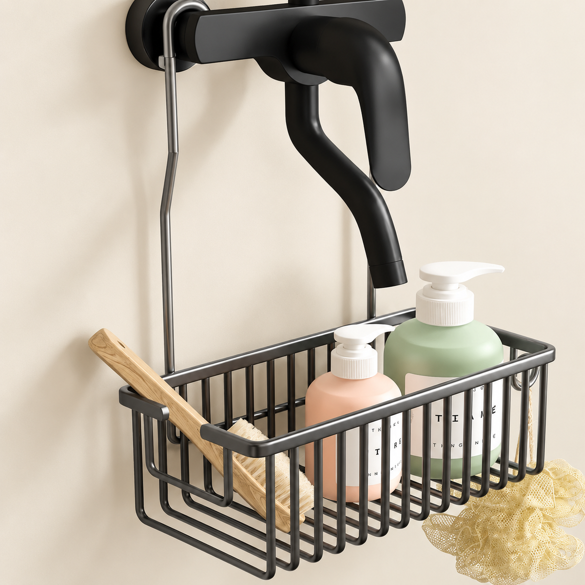 Black hanging shower tap caddy wire basket with side hooks for shower accessories