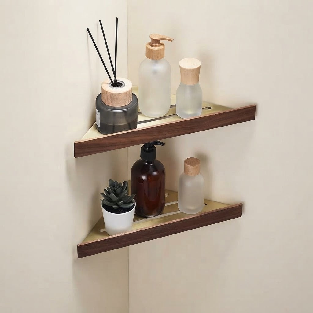 Walnut wood floating wall shelf set with gold guard rails, two tiers