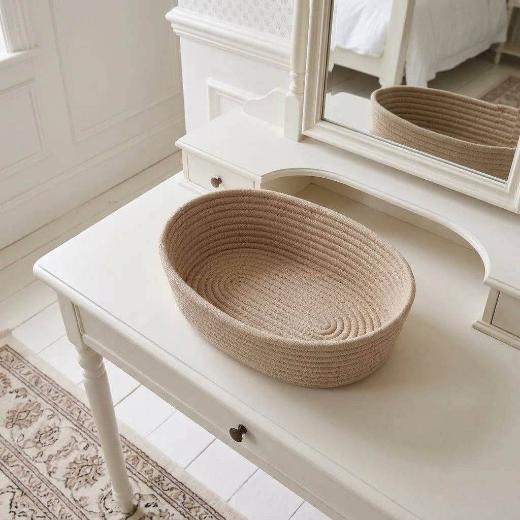 Oatmeal woven cotton rope oval storage basket with ribbed coil weave, open top