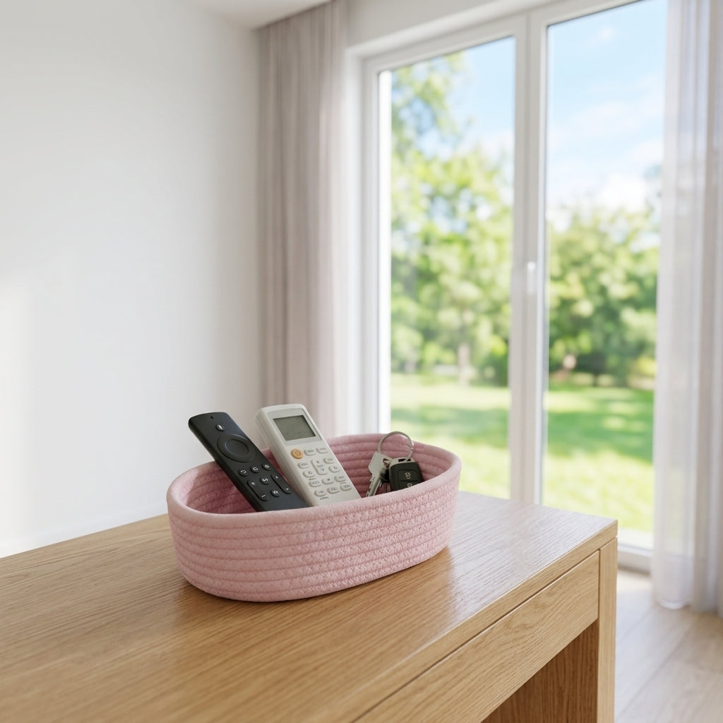 Pink woven cotton rope oval storage basket holding small items, open top