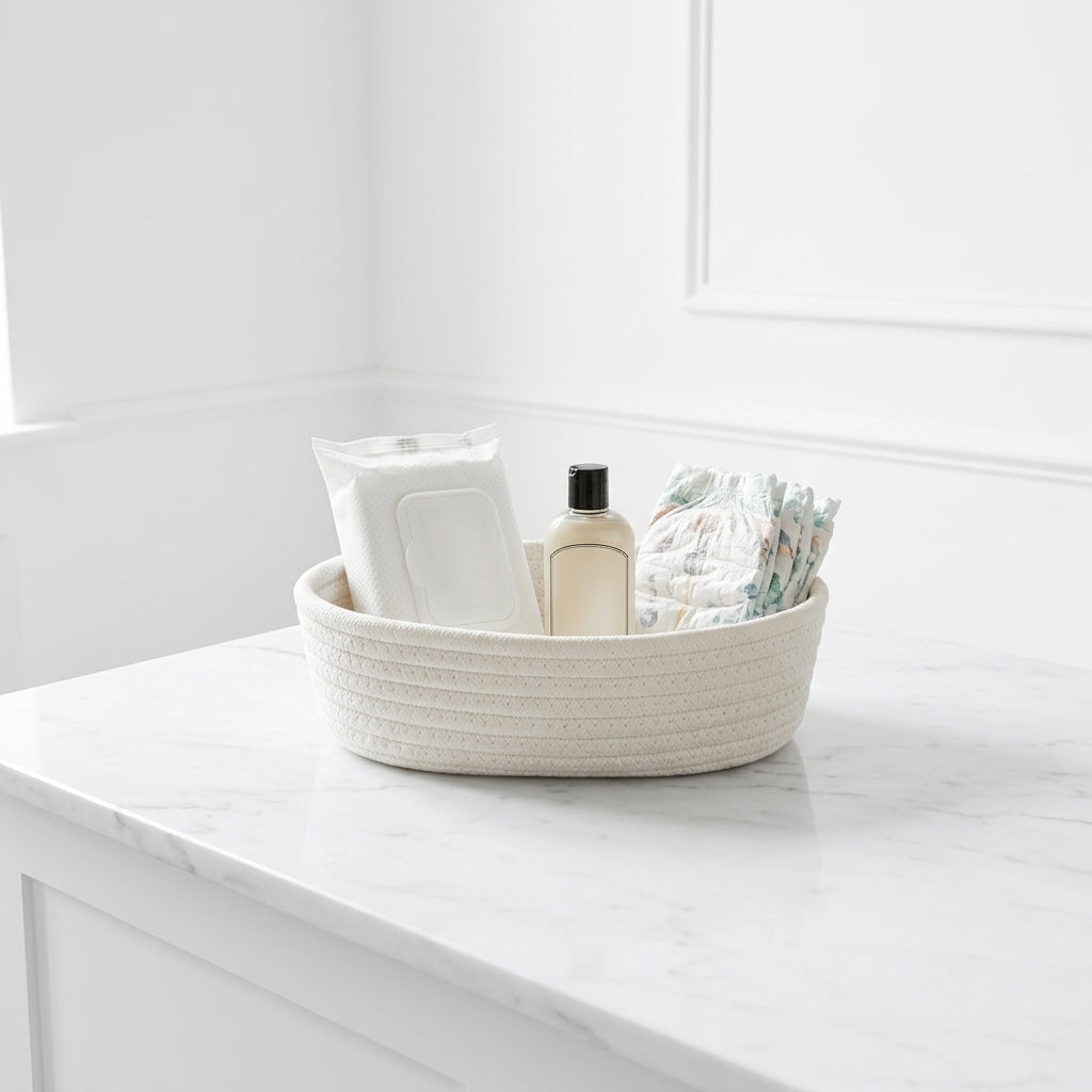 Ivory woven cotton rope oval storage basket with ribbed weave, open top