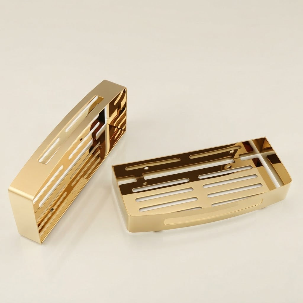 Gold stainless steel wall shower caddy, angled view of hinged wall-mount bracket