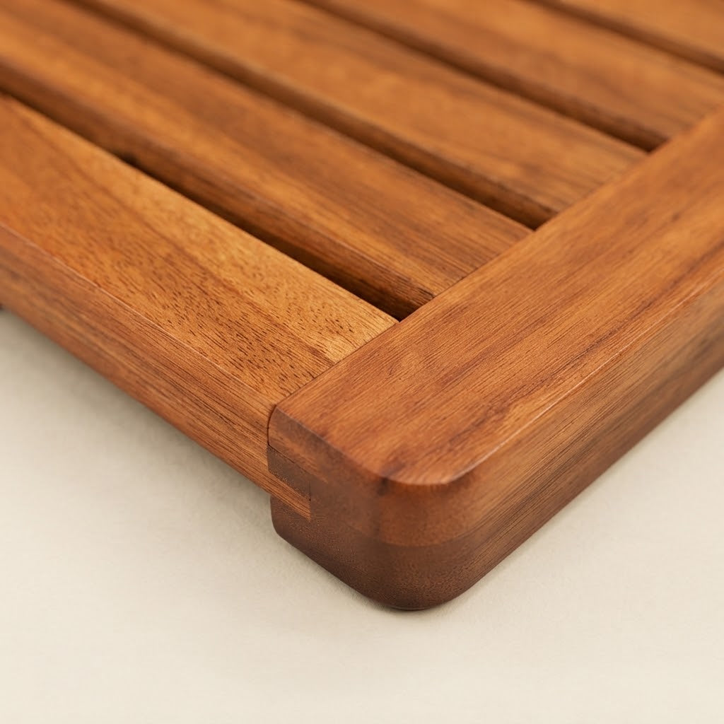 Teak slatted bath mat with rounded edges and non-slip backing