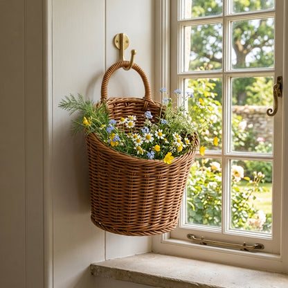 Dark tan woven hanging storage basket filled with flowers, brass hook at top.