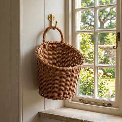 Dark tan woven hanging storage basket with brass hook and loop handle.