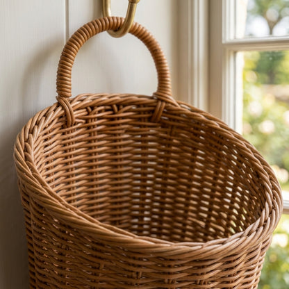 Dark tan woven hanging storage basket with round handle and open interior view.