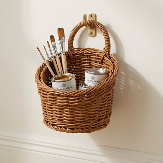 Dark tan woven hanging storage basket with round handle and open interior.