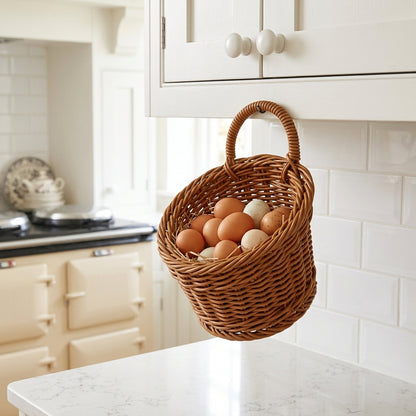Dark tan woven hanging storage basket holding brown eggs with loop handle.