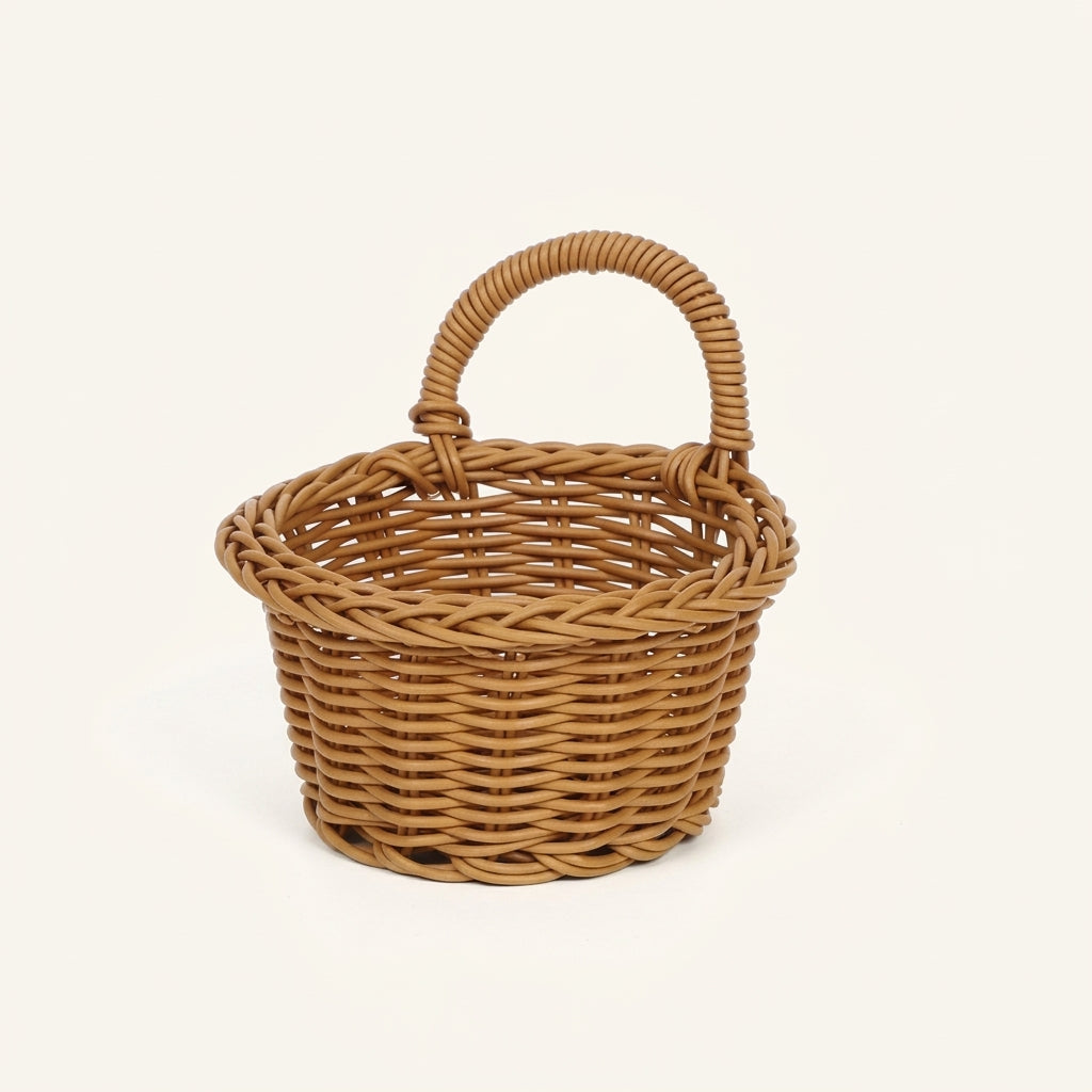 Dark tan woven hanging storage basket with loop handle and imitation rattan weave.