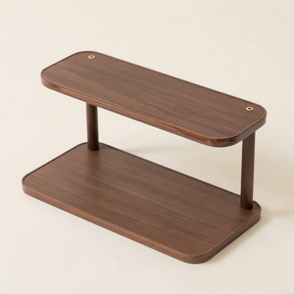 Two-tier bamboo kitchen rack with curved edges and four slim legs