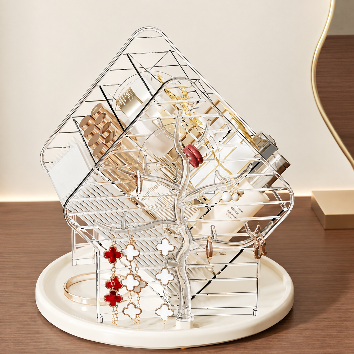 Clear hexagon rotating jewelry stand with hanging charms and small storage slots