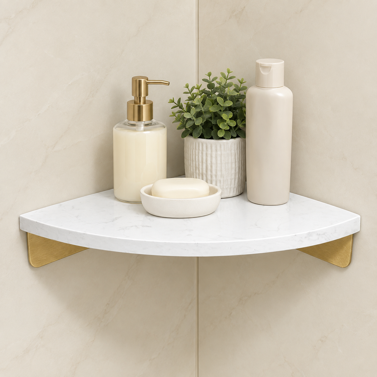 White marble corner floating shelf with gold supports, bottles and plant decor on top