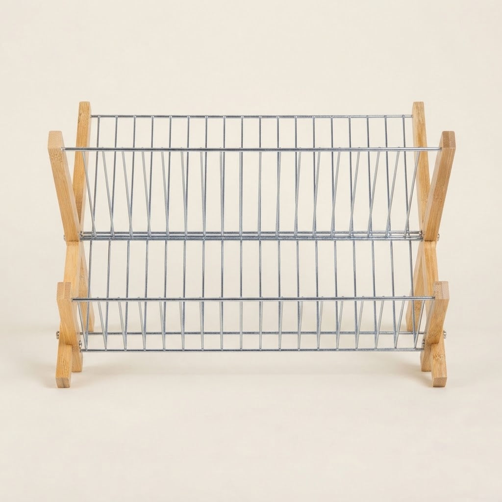 Foldable bamboo wire dish drying rack with two chrome wire shelves