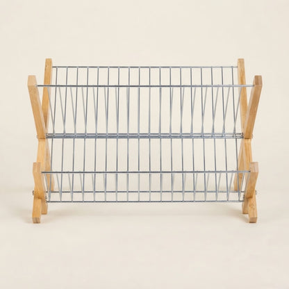 Foldable bamboo wire dish drying rack with two chrome wire shelves