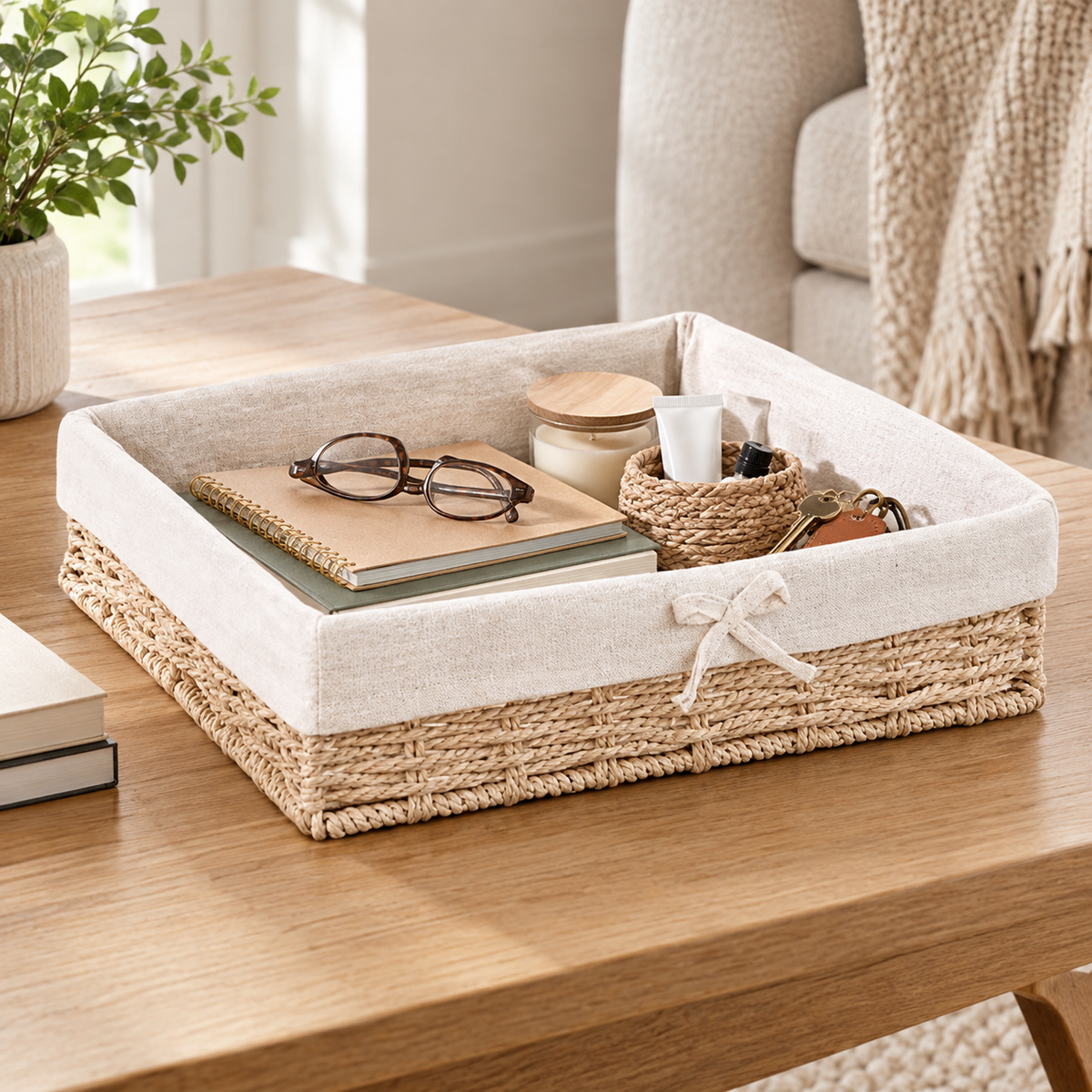 Beige fabric-lined woven willow straw storage basket with bow and stationery items