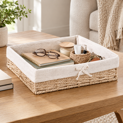 Beige fabric-lined woven willow straw storage basket with bow and stationery items